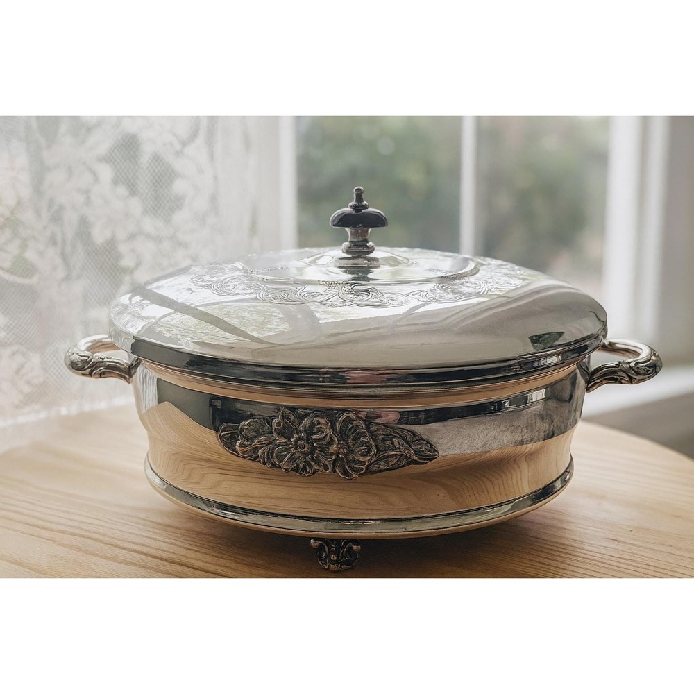 Vintage Primrose Plate Silver Plated Casserole Dish Floral Glass Insert 961